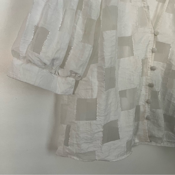 Zara sheer white checkered blouse puff short sleeves button Korean bojagi s - Picture 3 of 8